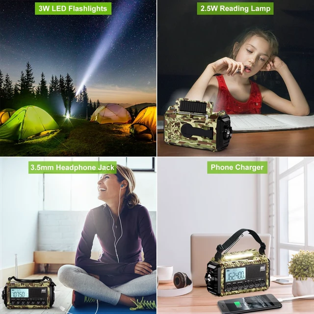 Alt view image 3 of 7 - Weather Radio, 12000mAh Hand Crank Emergency Radio, 6 Ways Powered AM/FM/SW/NOAA Weather Alert Radio with Flashlight, Cell Phone Charger and SOS Siren for Power Outages (Camo-Green-LCD Display)