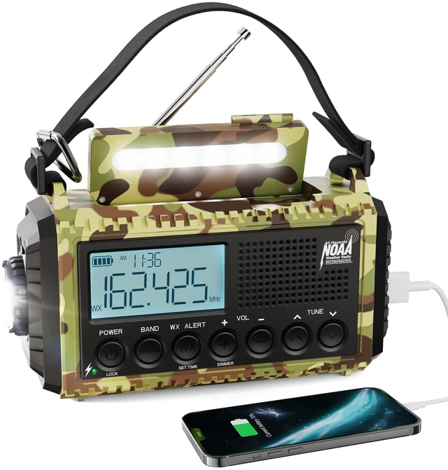 Main image of Weather Radio, 12000mAh Hand Crank Emergency Radio, 6 Ways Powered AM/FM/SW/NOAA Weather Alert Radio with Flashlight, Cell Phone Charger and SOS Siren for Power Outages (Camo-Green-LCD Display)