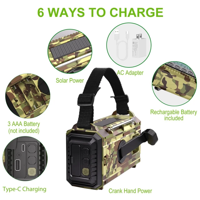 Alt view image 4 of 7 - Weather Radio, 12000mAh Hand Crank Emergency Radio, 6 Ways Powered AM/FM/SW/NOAA Weather Alert Radio with Flashlight, Cell Phone Charger and SOS Siren for Power Outages (Camo-Green-LCD Display)