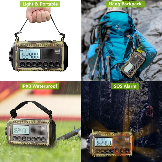 Alt view image 5 of 7 - Weather Radio, 12000mAh Hand Crank Emergency Radio, 6 Ways Powered AM/FM/SW/NOAA Weather Alert Radio with Flashlight, Cell Phone Charger and SOS Siren for Power Outages (Camo-Green-LCD Display)