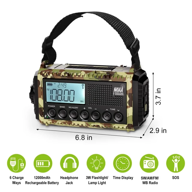 Alt view image 6 of 7 - Weather Radio, 12000mAh Hand Crank Emergency Radio, 6 Ways Powered AM/FM/SW/NOAA Weather Alert Radio with Flashlight, Cell Phone Charger and SOS Siren for Power Outages (Camo-Green-LCD Display)