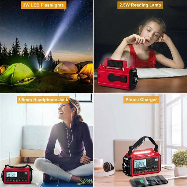 Alt view image 3 of 7 - Emergency Radio, 5000mAh/18500mWh Weather Radio, Solar Hand Crank Emergency Radio with AM/FM/SW/NOAA, Cell Phone Charger, Headphone Jack, Flashlight, Type-C Charging and SOS Siren for Hurricane