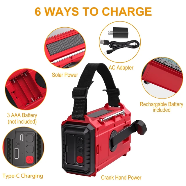 Alt view image 4 of 7 - Emergency Radio, 5000mAh/18500mWh Weather Radio, Solar Hand Crank Emergency Radio with AM/FM/SW/NOAA, Cell Phone Charger, Headphone Jack, Flashlight, Type-C Charging and SOS Siren for Hurricane