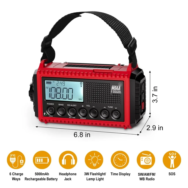 Alt view image 5 of 7 - Emergency Radio, 5000mAh/18500mWh Weather Radio, Solar Hand Crank Emergency Radio with AM/FM/SW/NOAA, Cell Phone Charger, Headphone Jack, Flashlight, Type-C Charging and SOS Siren for Hurricane