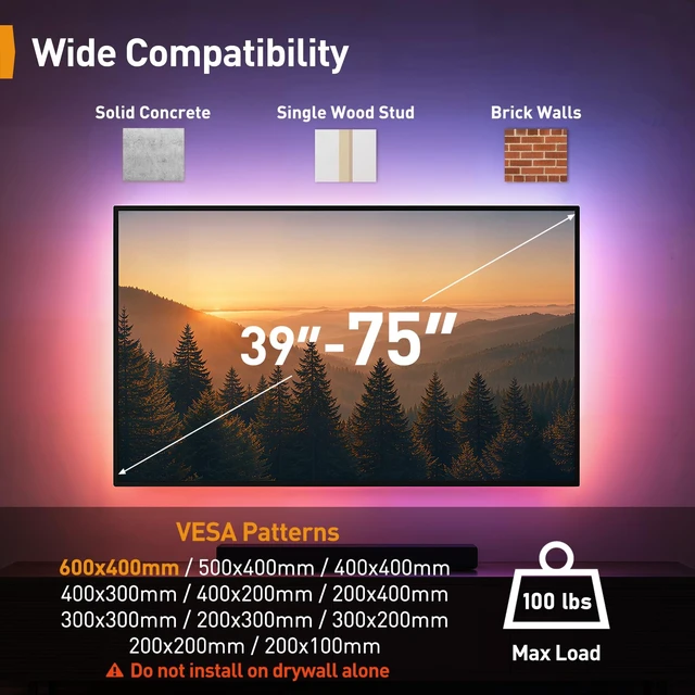 Alt view image 2 of 7 - Corner TV Wall Mount Long Arm with LED Backlight for 39-75" TVs Full Motion TV Wall Mount with 32.37" Extension, 180° Swivel, Tool-Free Tilt, Holds up to 100 lbs, Max VESA 600x400mm