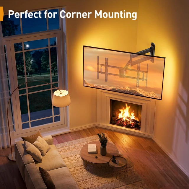 Alt view image 6 of 7 - Corner TV Wall Mount Long Arm with LED Backlight for 39-75" TVs Full Motion TV Wall Mount with 32.37" Extension, 180° Swivel, Tool-Free Tilt, Holds up to 100 lbs, Max VESA 600x400mm