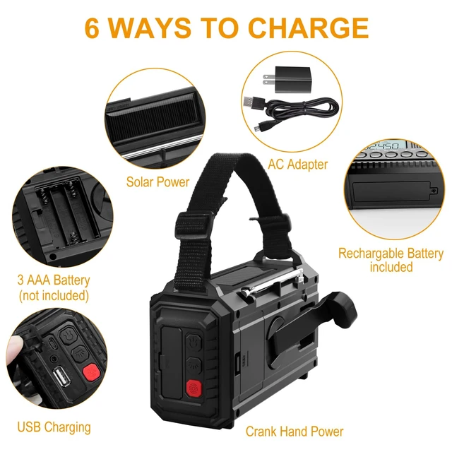 Alt view image 4 of 7 - NOAA Weather Radio, 5000mAh/18500mWh Solar Hand Crank Emergency Radio, Battery Powered Portable Radio with AM/FM/SW/NOAA, Cell Phone Charger, Type-C Charging, Flashlight and SOS Siren