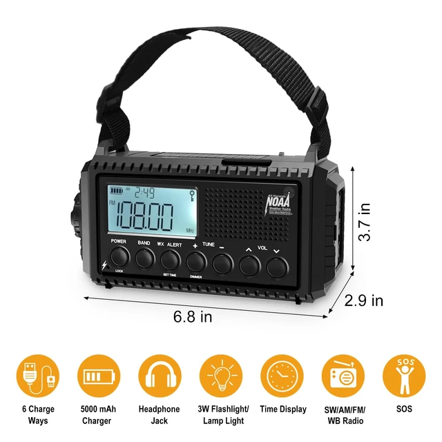Alt view image 6 of 7 - NOAA Weather Radio, 5000mAh/18500mWh Solar Hand Crank Emergency Radio, Battery Powered Portable Radio with AM/FM/SW/NOAA, Cell Phone Charger, Type-C Charging, Flashlight and SOS Siren