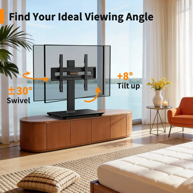 Alt view image 4 of 7 - Swivel TV Stand with Power Outlet for 3272 inch TVs up to 99 lbs Stable Tempered Glass Base, Universal TV Stand Base with Tilt, 9 height adjustments,cable management, max VESA 400x400mm