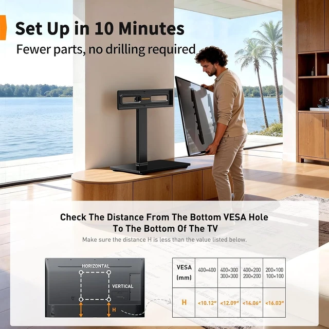 Alt view image 6 of 7 - Swivel TV Stand with Power Outlet for 3272 inch TVs up to 99 lbs Stable Tempered Glass Base, Universal TV Stand Base with Tilt, 9 height adjustments,cable management, max VESA 400x400mm