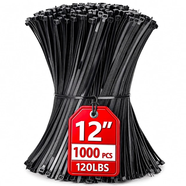 Main image of Zip Ties 12 inch, 1000 Pack Heavy Duty Black Zip Ties with 120 lbs Tensile Strength, Self-Locking Nylon Cable Ties,Wire Ties for indoor and outdoor use
