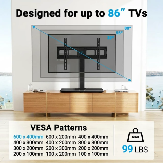 Alt view image 2 of 7 - Swivel Universal TV Stand Mount for 32-86 Inch LCD OLED Flat/Curved Screen TVs up to 99lbs-Height Adjustable Table Top TV Stand/Base with Tempered Glass Base&Wire Management,VESA 600x400mm