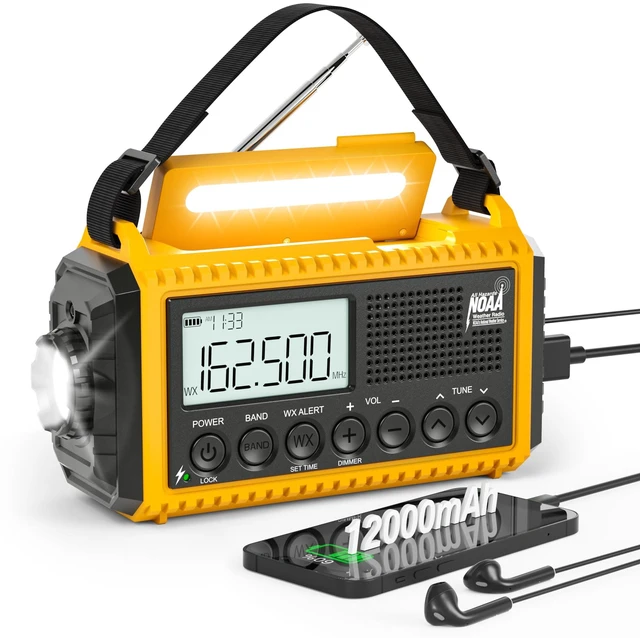 Main image of Emergency Radio Hand Crank Solar, Standby NOAA Alert, 12000mAh AM/FM/SW Weather Radio, 6 Power Options, USB-C Charger, Portable SOS Flashlight for Home, Hurricane, Camping Survival Gear