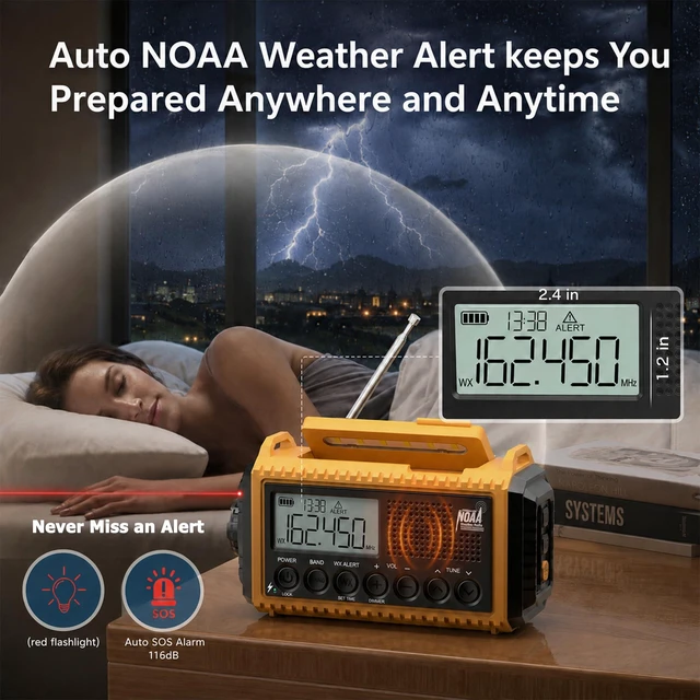 Alt view image 2 of 7 - Emergency Radio Hand Crank Solar, Standby NOAA Alert, 12000mAh AM/FM/SW Weather Radio, 6 Power Options, USB-C Charger, Portable SOS Flashlight for Home, Hurricane, Camping Survival Gear