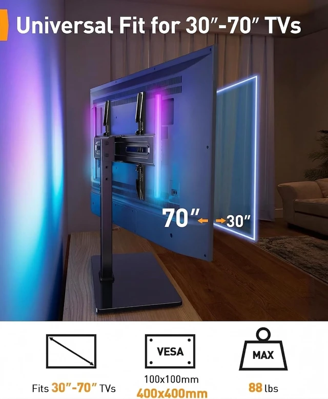 Alt view image 6 of 7 - Universal Swivel TV Stand with LED Lights for 3070 inch TVs, Height Adjustable Table Top TV Stand with Tilt, Tempered Glass Base, Holds up to 88 lbs, Max VESA 400x400mm, PGTVS32B