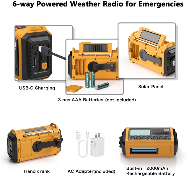 Alt view image 4 of 7 - Emergency Radio Hand Crank Solar, Standby NOAA Alert, 12000mAh AM/FM/SW Weather Radio, 6 Power Options, USB-C Charger, Portable SOS Flashlight for Home, Hurricane, Camping Survival Gear