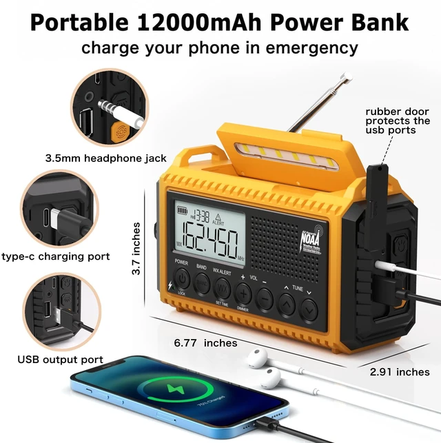 Alt view image 5 of 7 - Emergency Radio Hand Crank Solar, Standby NOAA Alert, 12000mAh AM/FM/SW Weather Radio, 6 Power Options, USB-C Charger, Portable SOS Flashlight for Home, Hurricane, Camping Survival Gear