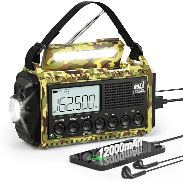 Main image of Emergency Radio Hand Crank Solar, am/fm/sw NOAA Weather Radio 12000mAh Portable Rechargeable Battery Powered Radio with NOAA Alert, USB-C Charger & Adapter, Clock, SOS Flashlight for Emergencies