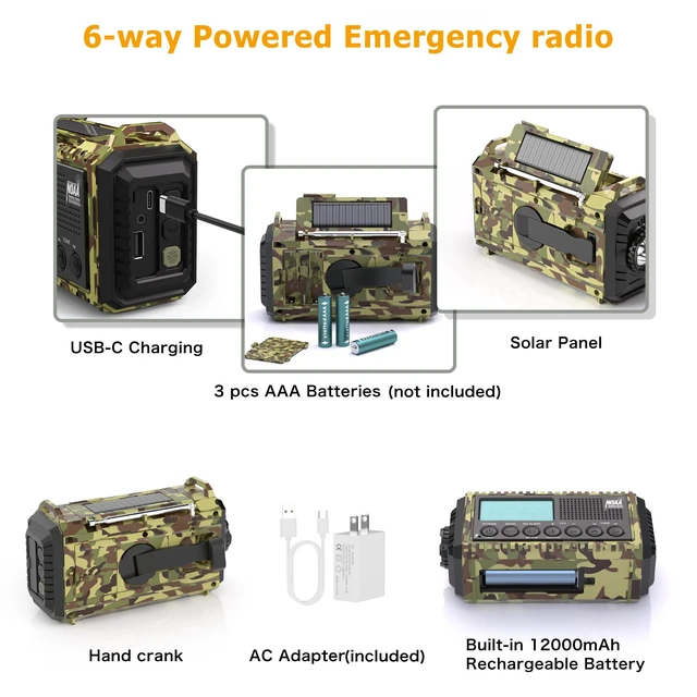 Alt view image 4 of 7 - Emergency Radio Hand Crank Solar, am/fm/sw NOAA Weather Radio 12000mAh Portable Rechargeable Battery Powered Radio with NOAA Alert, USB-C Charger & Adapter, Clock, SOS Flashlight for Emergencies