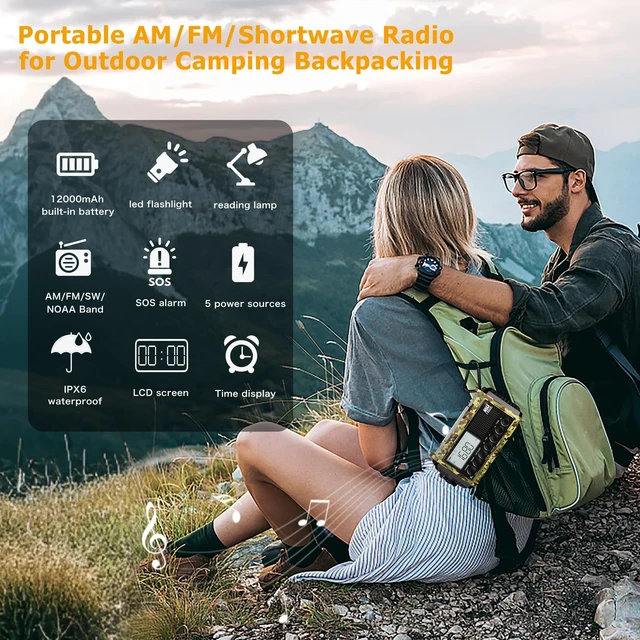 Alt view image 7 of 7 - Emergency Radio Hand Crank Solar, am/fm/sw NOAA Weather Radio 12000mAh Portable Rechargeable Battery Powered Radio with NOAA Alert, USB-C Charger & Adapter, Clock, SOS Flashlight for Emergencies