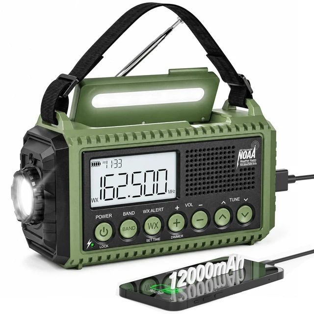 Main image of NOAA Emergency Weather Radio Hand Crank Solar 12000mAh Battery Portable AM/FM Shortwave Radio Battery Operated with USB-C Charger, Flashlight, SOS Alert for Home Outdoor Hurricane Survival