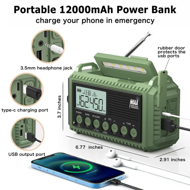 Alt view image 5 of 7 - NOAA Emergency Weather Radio Hand Crank Solar 12000mAh Battery Portable AM/FM Shortwave Radio Battery Operated with USB-C Charger, Flashlight, SOS Alert for Home Outdoor Hurricane Survival