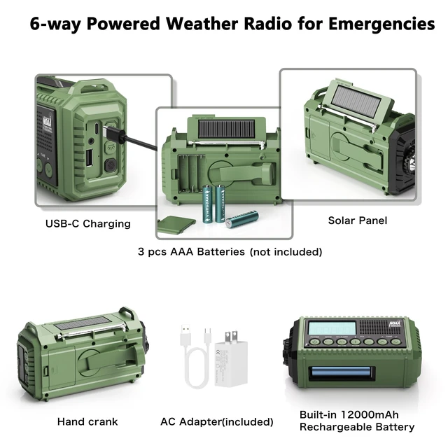 Alt view image 4 of 7 - NOAA Emergency Weather Radio Hand Crank Solar 12000mAh Battery Portable AM/FM Shortwave Radio Battery Operated with USB-C Charger, Flashlight, SOS Alert for Home Outdoor Hurricane Survival