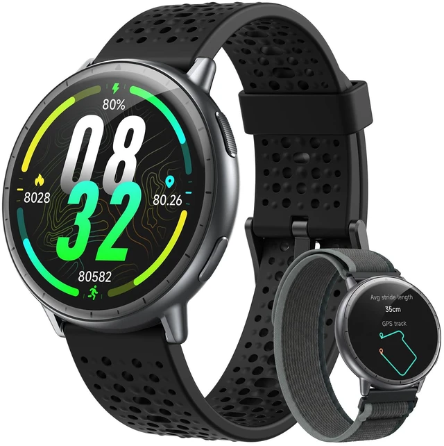 Main image of Smart Watch for Men Women,GPS Built-in,1.3" Ultra-bright AMOLED Display,SOS Fitness Tracker with Heart Rate Monitor,Compass,Barometer,Compatible with iPhone/Android Phones,5ATM Waterproof,2 Bands