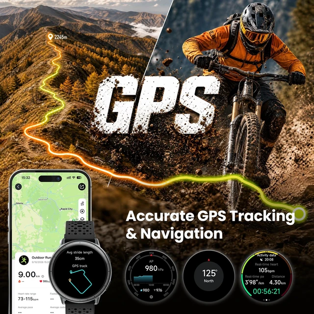 Alt view image 2 of 7 - Smart Watch for Men Women,GPS Built-in,1.3" Ultra-bright AMOLED Display,SOS Fitness Tracker with Heart Rate Monitor,Compass,Barometer,Compatible with iPhone/Android Phones,5ATM Waterproof,2 Bands