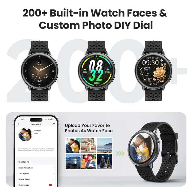Alt view image 7 of 7 - Smart Watch for Men Women,GPS Built-in,1.3" Ultra-bright AMOLED Display,SOS Fitness Tracker with Heart Rate Monitor,Compass,Barometer,Compatible with iPhone/Android Phones,5ATM Waterproof,2 Bands