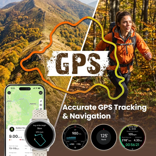 Alt view image 2 of 7 - Smart Watch for Men Women,GPS Built-in,1.3" Ultra-bright AMOLED Display,SOS Fitness Tracker with Heart Rate Monitor,Compass,Barometer,Compatible with iPhone/Android Phones,5ATM Waterproof,2 Bands