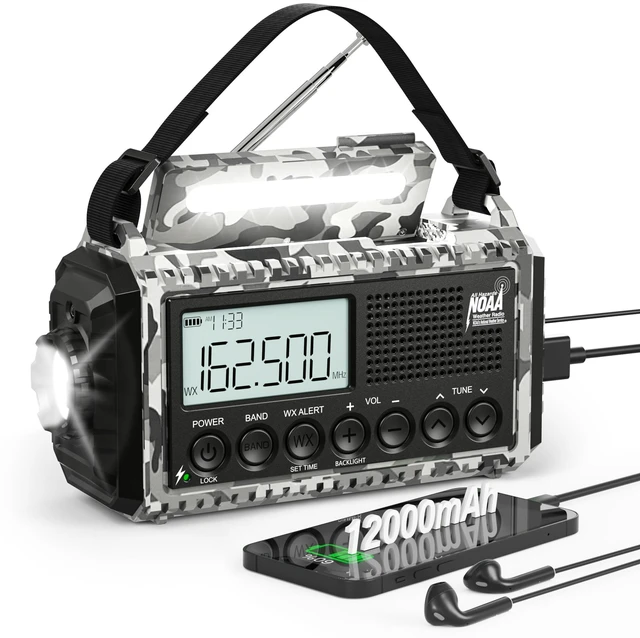 Main image of Emergency Radio Hand Crank Solar, NOAA Weather Alert, 12000mAh Portable AM/FM/Shortwave, Battery Operated with Type-C Charger, Flashlight, SOS for Hurricane, Camping, Outdoor Survival