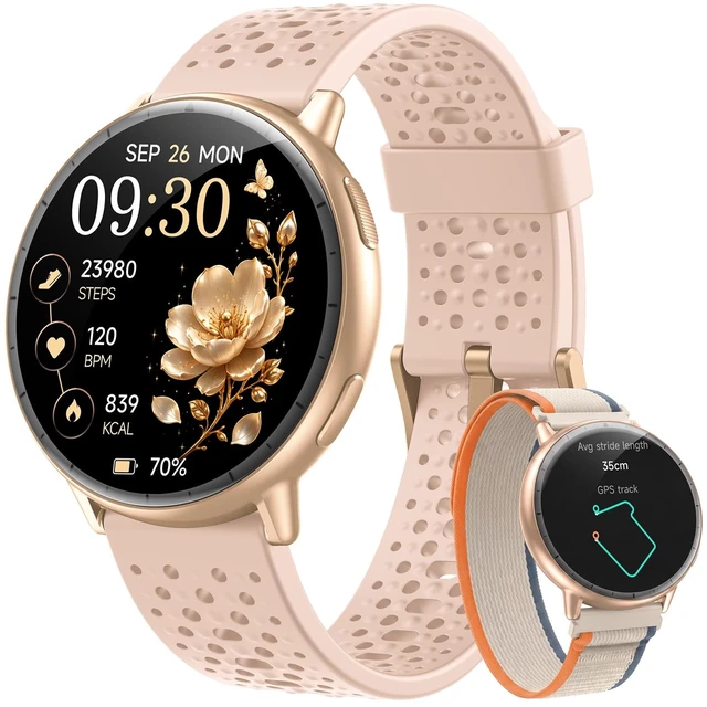 Main image of Smart Watch for Women,GPS Built-in,1.3" Ultra-bright AMOLED Display,SOS Fitness Tracker with Heart Rate Monitor,Compass,Barometer,Compatible with iPhone/Android Phones,5ATM Waterproof,2 Bands
