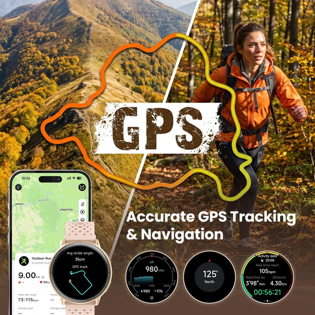 Alt view image 2 of 7 - Smart Watch for Women,GPS Built-in,1.3" Ultra-bright AMOLED Display,SOS Fitness Tracker with Heart Rate Monitor,Compass,Barometer,Compatible with iPhone/Android Phones,5ATM Waterproof,2 Bands