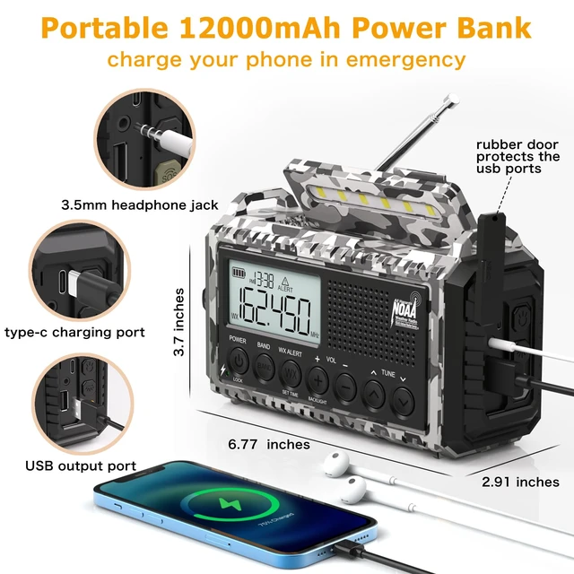 Alt view image 3 of 7 - Emergency Radio Hand Crank Solar, NOAA Weather Alert, 12000mAh Portable AM/FM/Shortwave, Battery Operated with Type-C Charger, Flashlight, SOS for Hurricane, Camping, Outdoor Survival