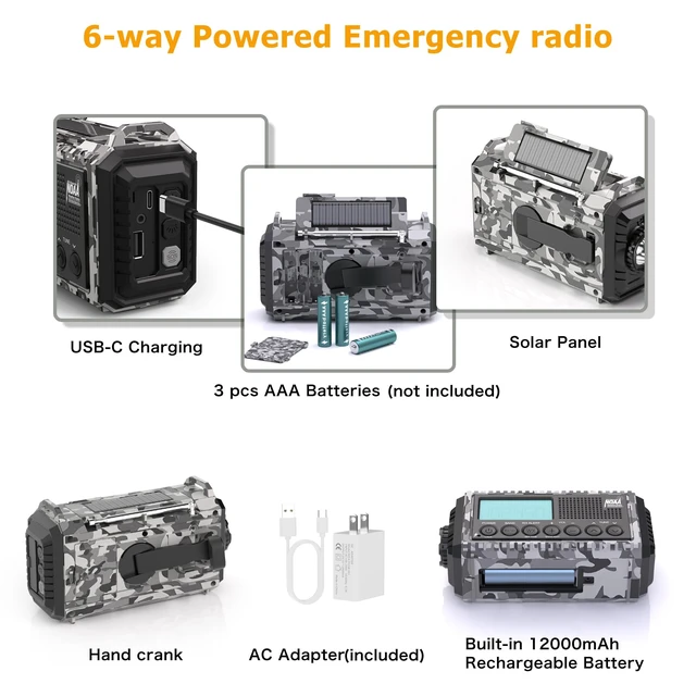 Alt view image 4 of 7 - Emergency Radio Hand Crank Solar, NOAA Weather Alert, 12000mAh Portable AM/FM/Shortwave, Battery Operated with Type-C Charger, Flashlight, SOS for Hurricane, Camping, Outdoor Survival