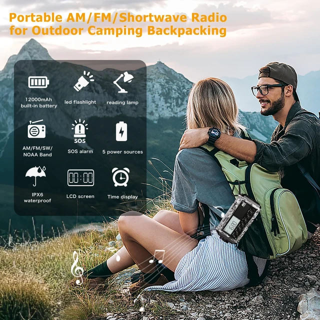 Alt view image 7 of 7 - Emergency Radio Hand Crank Solar, NOAA Weather Alert, 12000mAh Portable AM/FM/Shortwave, Battery Operated with Type-C Charger, Flashlight, SOS for Hurricane, Camping, Outdoor Survival