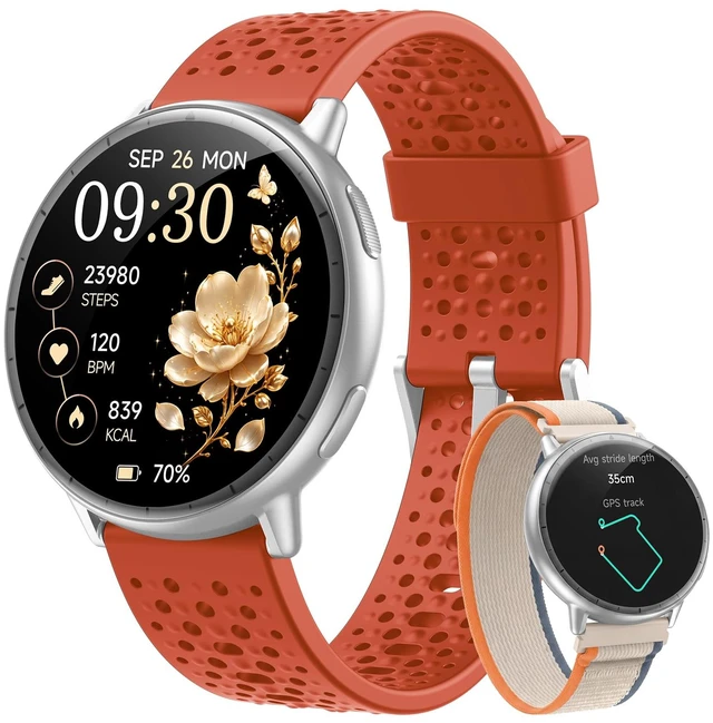 Main image of Smart Watch for Women,GPS Built-in,1.3" Ultra-bright AMOLED Display,SOS Fitness Tracker with Heart Rate Monitor,Compass,Barometer,Compatible with iPhone/Android Phones,5ATM Waterproof,2 Bands