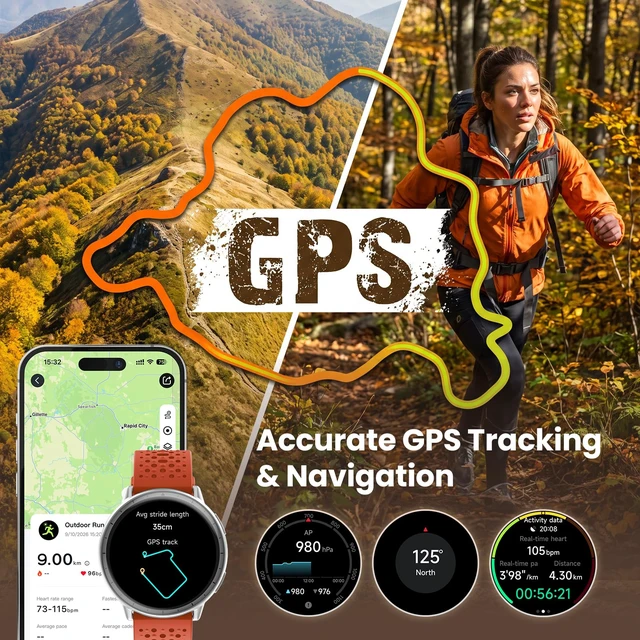 Alt view image 2 of 7 - Smart Watch for Women,GPS Built-in,1.3" Ultra-bright AMOLED Display,SOS Fitness Tracker with Heart Rate Monitor,Compass,Barometer,Compatible with iPhone/Android Phones,5ATM Waterproof,2 Bands
