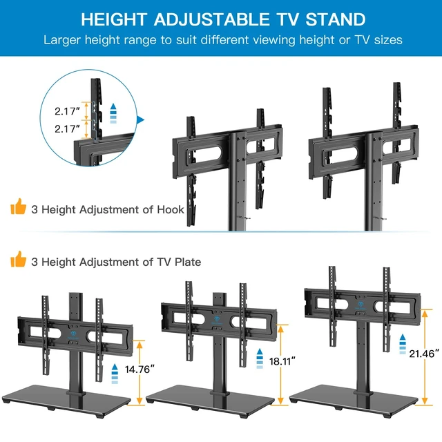 Alt view image 4 of 7 - Universal Tabletop TV Stand for 32-82 inch TVs 99 lbs capacity, Height adjustable, Tempered glass base, Cable management, Max VESA 600x400mm