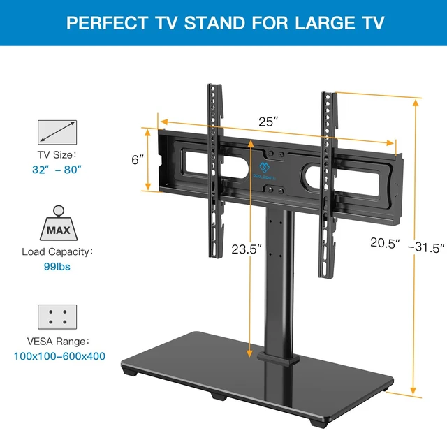 Alt view image 6 of 7 - Universal Tabletop TV Stand for 32-82 inch TVs 99 lbs capacity, Height adjustable, Tempered glass base, Cable management, Max VESA 600x400mm