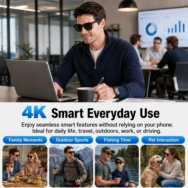 Alt view image 3 of 6 - AI Smart Glasses with Camera, 4K Video, Real-Time Translation, AI Assistant Object Recognition, Open-Ear Speakers, Bluetooth Calling