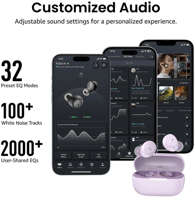Alt view image 7 of 7 - A1 Wireless Earbuds Bluetooth 5.3 Light Weight in Ear Headphones IPX5 Waterproof,2 Mics for AI Calls,Immersive Premium Sound Bass Headset with Charging Case,32 EQ via App Light Purple