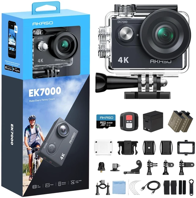 Main image of EK7000 4K30FPS 20MP WiFi Action Camera with 64GB MicroSD Memory Card Bundle EIS Ultra HD 131FT Waterproof Underwater Camera Remote Control 4X Zoom Support External Microphone Black