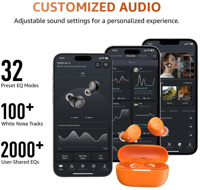 Alt view image 7 of 7 - A1 Wireless Earbuds Bluetooth 5.3 Light Weight in Ear Headphones IPX5 Waterproof,2 Mics for AI Calls,Immersive Premium Sound Bass Headset with Charging Case,32 EQ via App Orange