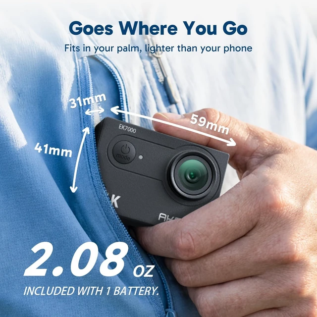 Alt view image 7 of 7 - EK7000 4K30FPS 20MP WiFi Action Camera with 64GB MicroSD Memory Card Bundle EIS Ultra HD 131FT Waterproof Underwater Camera Remote Control 4X Zoom Support External Microphone Black