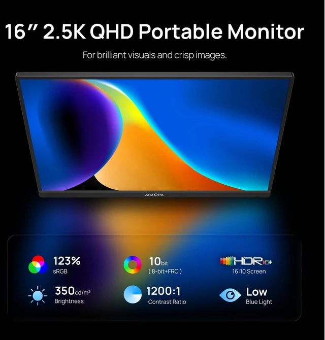 Alt view image 2 of 7 - 16" 2.5K Portable Monitor, 2560x1600 QHD IPS Display 123% sRGB Built-in Stand USB-C HDMI Eye Care External Second Screen for Mac Laptop Phone PS4/5 Xbox Switch -Z1RC