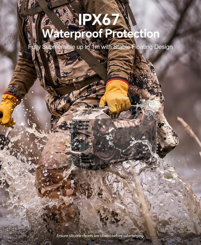 Alt view image 3 of 7 - Outdoor Bluetooth Speaker, IPX7 Waterproof, 90W Peak, 32H Playtime, Camo Floating design, deep bass, TWS stereo, portable handle, rugged build for pool days, beach trips, kayaking, and hiking