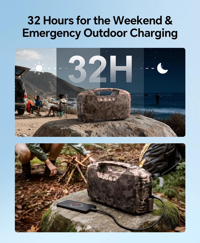 Alt view image 4 of 7 - Outdoor Bluetooth Speaker, IPX7 Waterproof, 90W Peak, 32H Playtime, Camo Floating design, deep bass, TWS stereo, portable handle, rugged build for pool days, beach trips, kayaking, and hiking