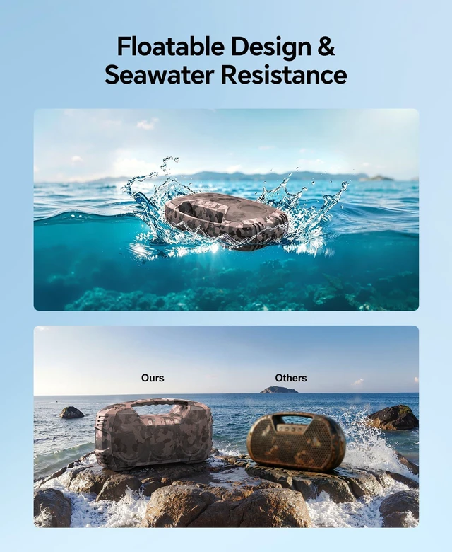 Alt view image 5 of 7 - Outdoor Bluetooth Speaker, IPX7 Waterproof, 90W Peak, 32H Playtime, Camo Floating design, deep bass, TWS stereo, portable handle, rugged build for pool days, beach trips, kayaking, and hiking